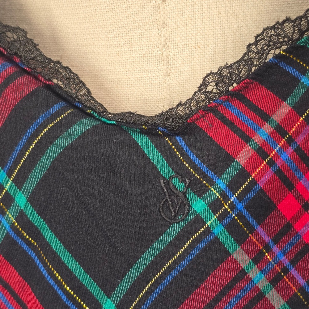 Victorias Secret Slip Dress Womens XXL Black Pink Plaid Lace Trim Nightie Grunge - Picture 14 of 15